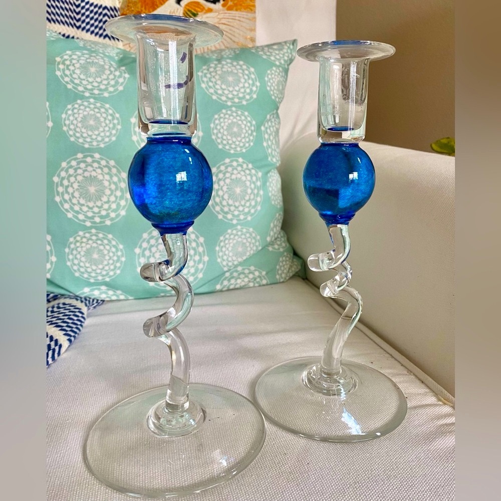 Pair Of Bob Crooks Signed Colourball Art Glass Candestick Holders Blue Clear